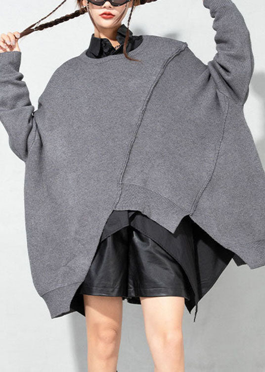 Loose Grey Asymmetrical Knit Sweater Spring