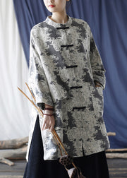 Loose Grey Button Print Pockets Cotton Coats Long Sleeve