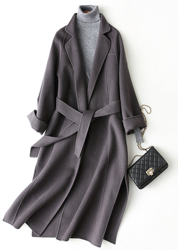 Loose Grey Chocolate Colour Notched Tie Waist Woolen Long Coats Fall
