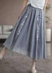 Loose Grey Embroidered Elastic Waist Patchwork Linen Skirt Fall