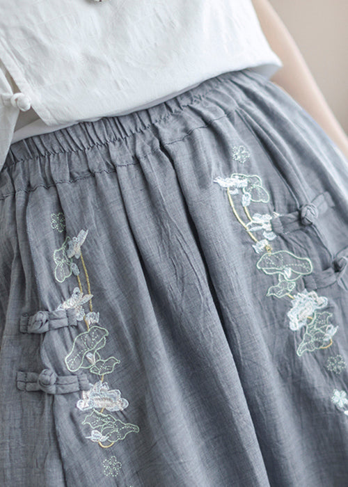 Loose Grey Embroidered Elastic Waist Patchwork Linen Skirt Fall