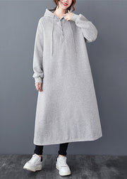 Loose Grey Hooded Pockets Patchwork Warm Fleece Dresses Winter