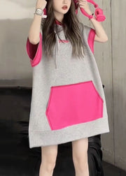 Loose Grey Hooded Pockets Side Open Patchwork Cotton Sweatshirt Summer