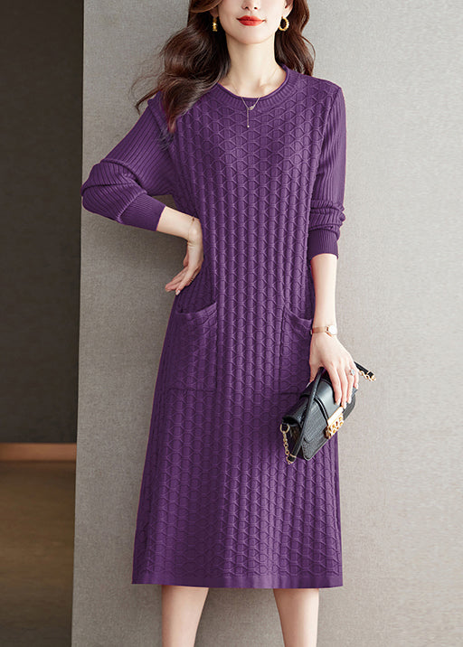 Loose Grey O Neck Pockets Patchwork Woolen Dress Fall