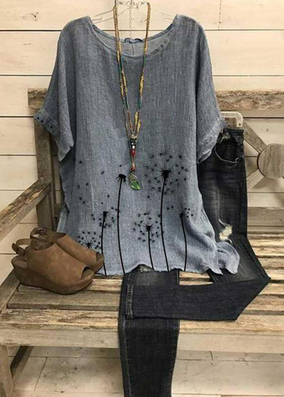 Loose Grey O Neck Print Patchwork Linen Top Short Sleeve