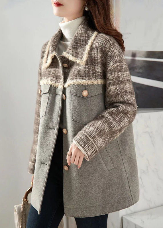 Loose Grey Peter Pan Collar Button Pockets Woolen Coat Winter