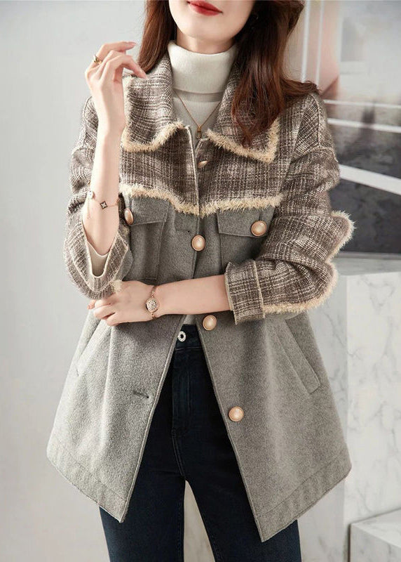 Loose Grey Peter Pan Collar Button Pockets Woolen Coat Winter