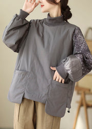 Loose Grey Pockets Patchwork Fine Cotton Filled Sweatshirts Winter