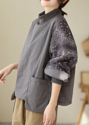 Loose Grey Pockets Patchwork Fine Cotton Filled Sweatshirts Winter