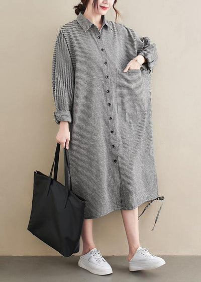 Loose Grey Striped Turn-down Colla Maxi Spring Cotton Dress - bagstylebliss