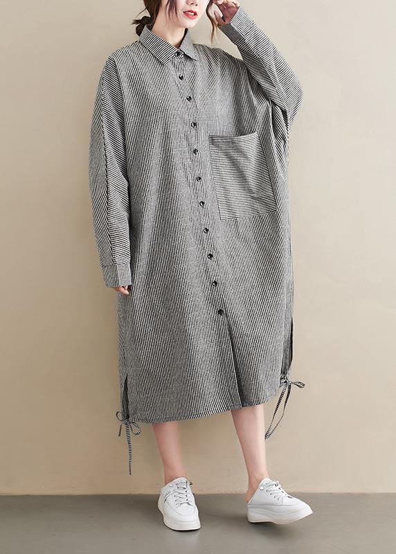 Loose Grey Striped Turn-down Colla Maxi Spring Cotton Dress - bagstylebliss