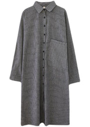 Loose Grey Striped Turn-down Colla Maxi Spring Cotton Dress - bagstylebliss