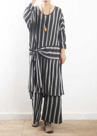 Loose Grey Striped tie waist Two Pieces Set Summer Cotton Dress - bagstylebliss