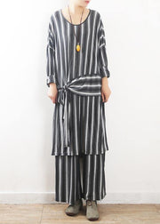 Loose Grey Striped tie waist Two Pieces Set Summer Cotton Dress - bagstylebliss