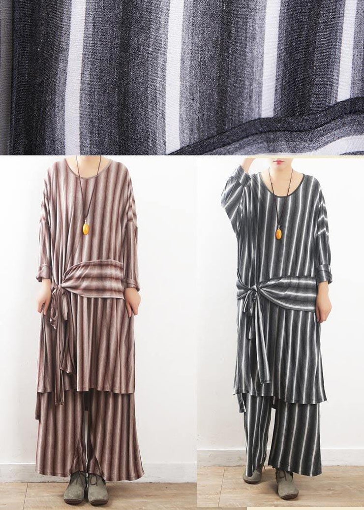 Loose Grey Striped tie waist Two Pieces Set Summer Cotton Dress - bagstylebliss