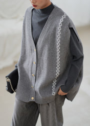 Loose Grey V Neck Button Cozy Knit Waistcoat Sleeveless