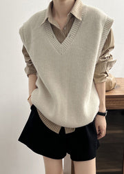 Loose Grey V Neck Cozy Thick Cotton Knit Waistcoat Spring