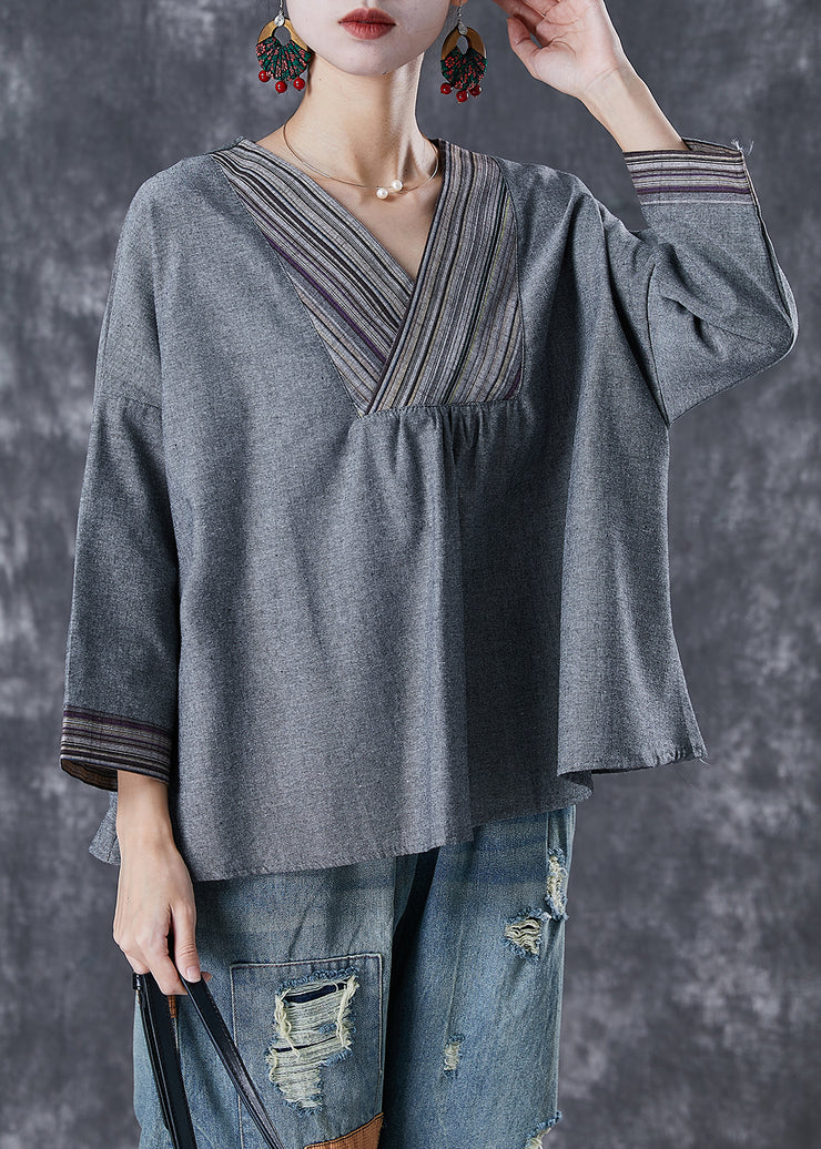 Loose Grey V Neck Patchwork Cotton Blouses Fall