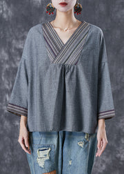 Loose Grey V Neck Patchwork Cotton Blouses Fall