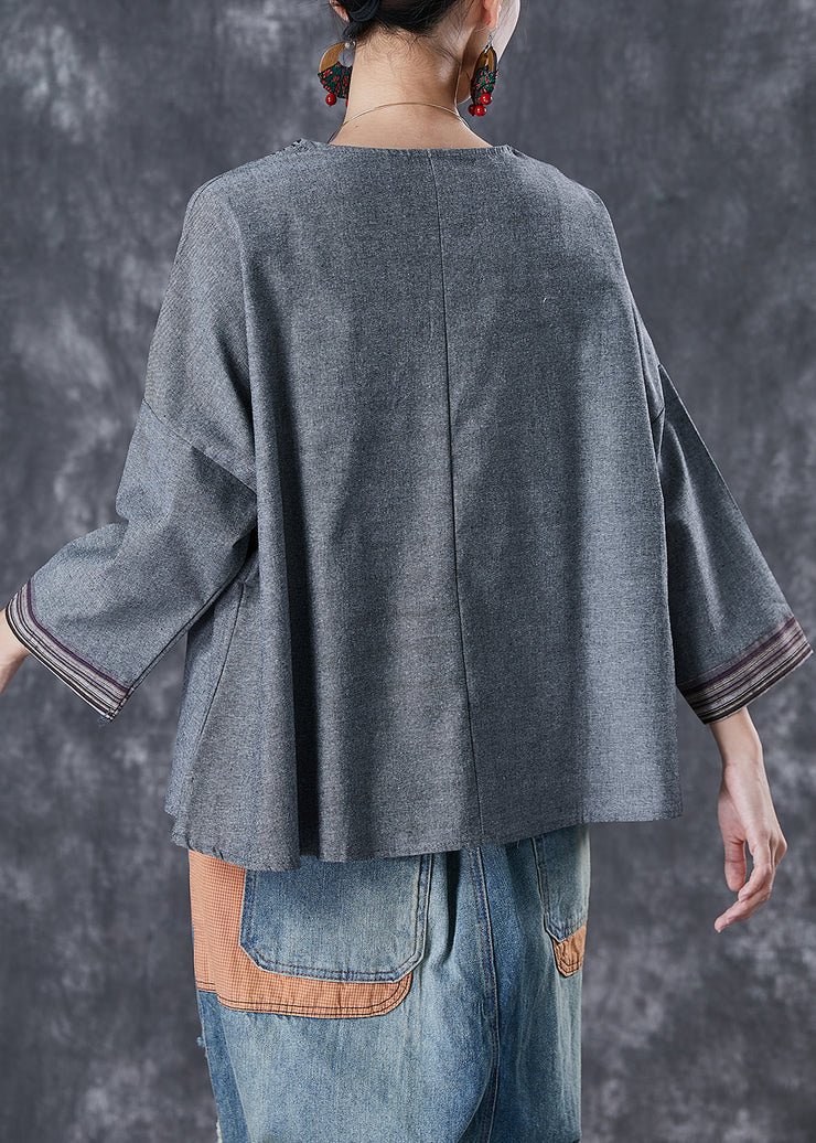 Loose Grey V Neck Patchwork Cotton Blouses Fall