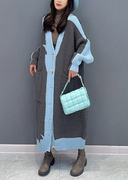 Loose Grey V Neck Pockets Patchwork Long Knit Cardigan Fall