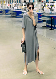 Loose Grey V Neck Side Open Cotton Dress Short Sleeve