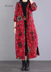 Loose Hooded Button Print Patchwork Fine Cotton Filled Coat Winter