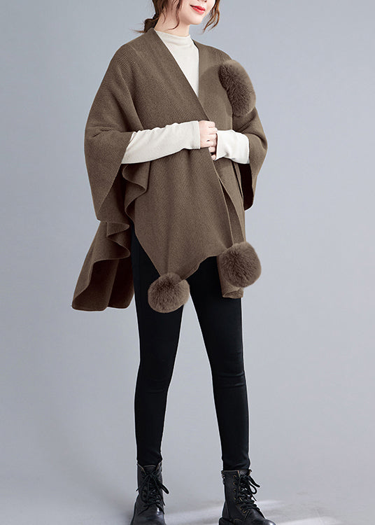 Loose Khaki Asymmetrical Fuzzy Ball Patchwork Knit Cape Coats Fall