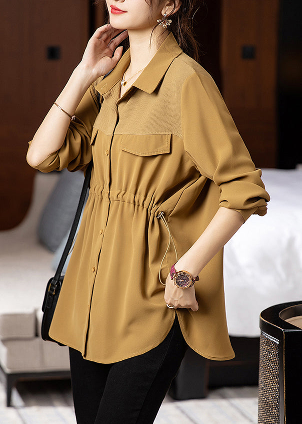 Loose Khaki Button Drawstring Patchwork Cotton Shirt Top Fall