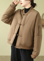 Loose Khaki Button Pockets Cotton Filled Parka Long Sleeve