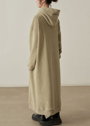 Loose Khaki Hooded Pockets  Woolen Long Dresses Fall