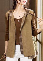 Loose Brown Hooded Zippered Patchwork Corduroy Waistcoat Sleeveless