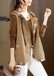 Loose Brown Hooded Zippered Patchwork Corduroy Waistcoat Sleeveless