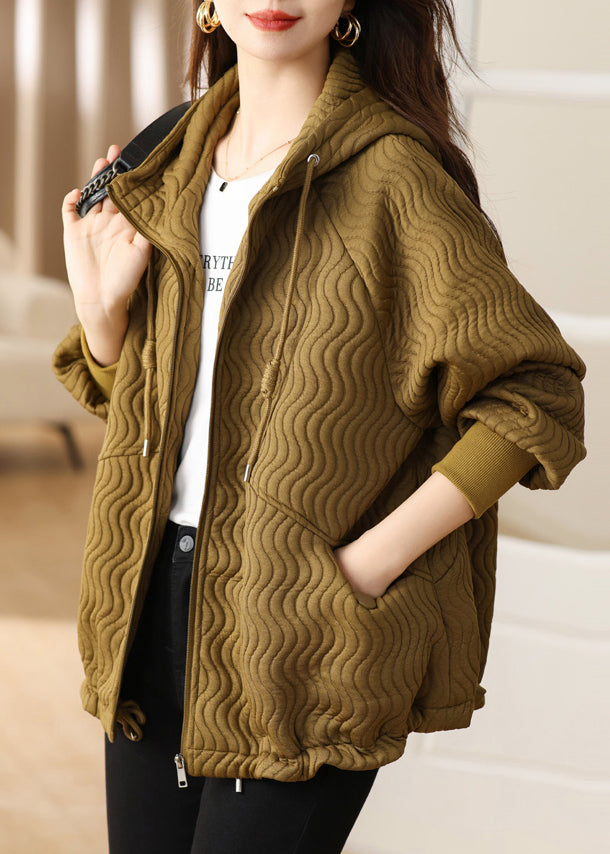 Loose Khaki Hooded Zippered Pockets Thick Coat Long Sleeve