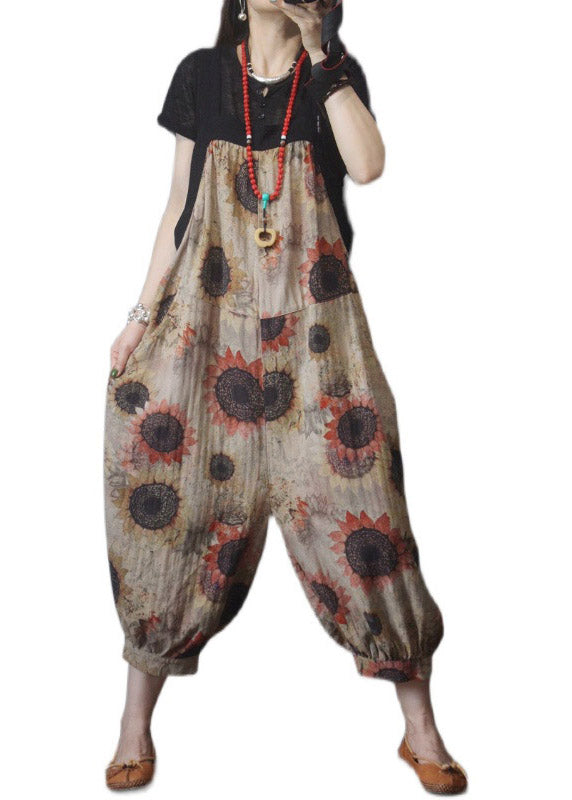 Lose Khaki Patchwork Print Taschen Leinen Jumpsuits mit weitem Bein Sommer