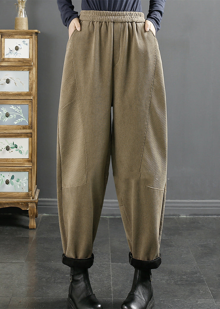 Loose Khaki Pockets Elastic Waist Warm Fleece Corduroy Pants Winter