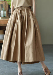 Loose Khaki Pockets Wrinkled Elastic Waist Cotton Skirt Summer