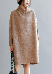 Loose Khaki Turtle Neck Cotton Dress Spring