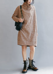 Loose Khaki Turtle Neck Cotton Dress Spring