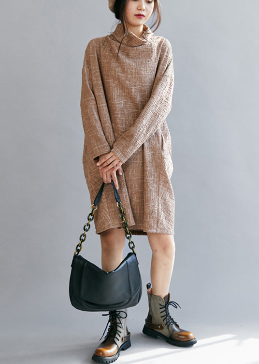 Loose Khaki Turtle Neck Cotton Dress Spring