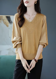 Loose Khaki V Neck Hollow Out Patchwork Knit Sweaters Long Sleeve