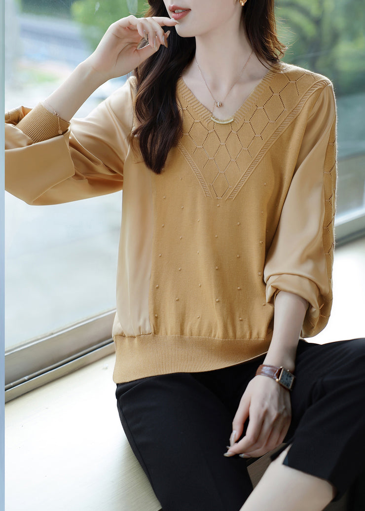 Loose Khaki V Neck Hollow Out Patchwork Knit Sweaters Long Sleeve