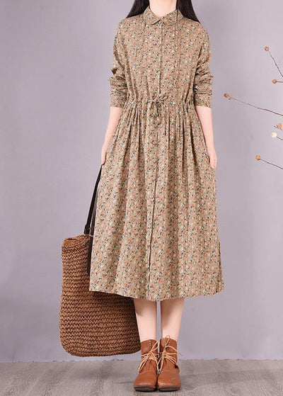 Loose Lapel Drawstring Spring Tunic Pattern Sewing Khaki Print Maxi Dresses - bagstylebliss