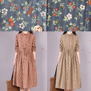 Loose Lapel Drawstring Spring Tunic Pattern Sewing Khaki Print Maxi Dresses - bagstylebliss