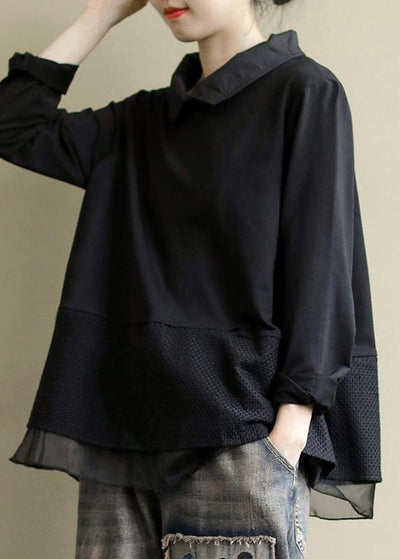 Plus Size Black Tops Lapel Patchwork Clothes Pattern - bagstylebliss