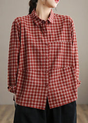Loose Lapel Patchwork Spring Blouse Sleeve Red Plaid Top - bagstylebliss