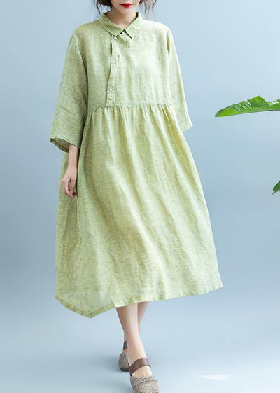 Loose Light Green cotton Quilting Clothes Lapel  cotton Summer Dress - bagstylebliss