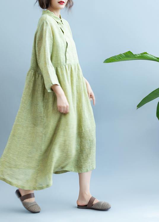 Loose Light Green cotton Quilting Clothes Lapel  cotton Summer Dress - bagstylebliss