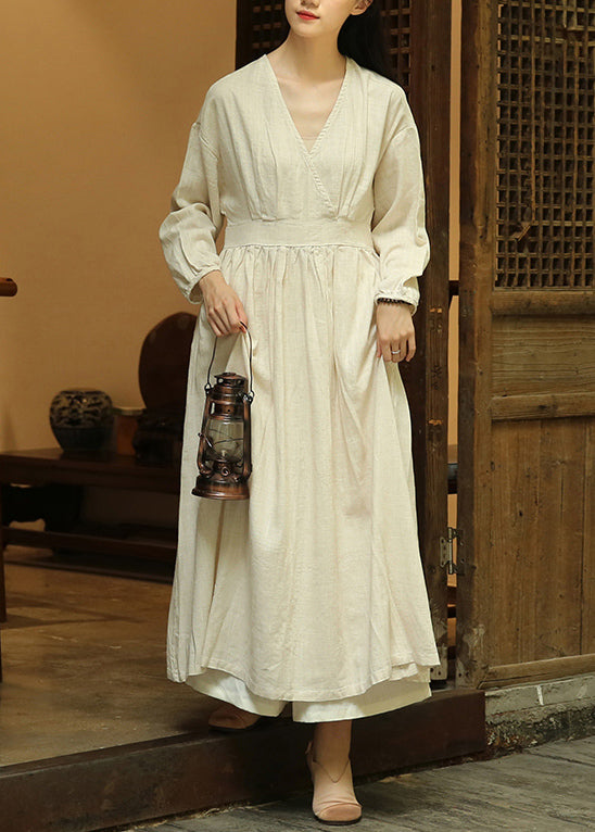 Loose Linen V Neck Wrinkled Patchwork Linen Long Dresses Fall