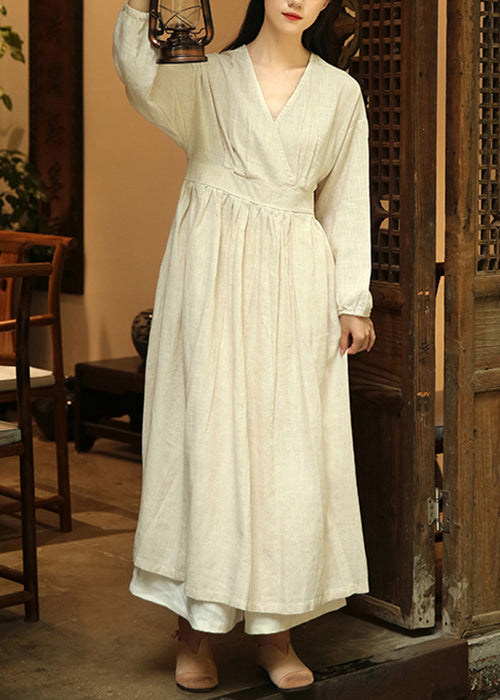 Loose Linen V Neck Wrinkled Patchwork Linen Long Dresses Fall